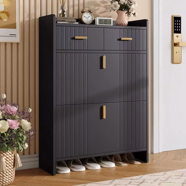 Scarpiera moderna Mivray nera con scomparti a ribalta e vano aperto per ingresso L 75 cm, P 24 cm, H 108.5 cm