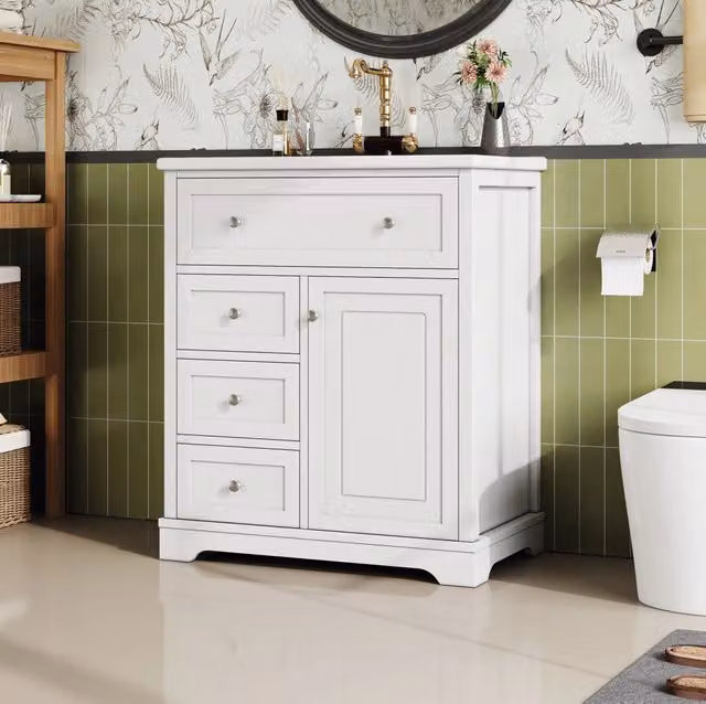 Mobile bagno con lavabo 76x46x87 cm con 4 cassetti e anta in MDF e ceramica bianco