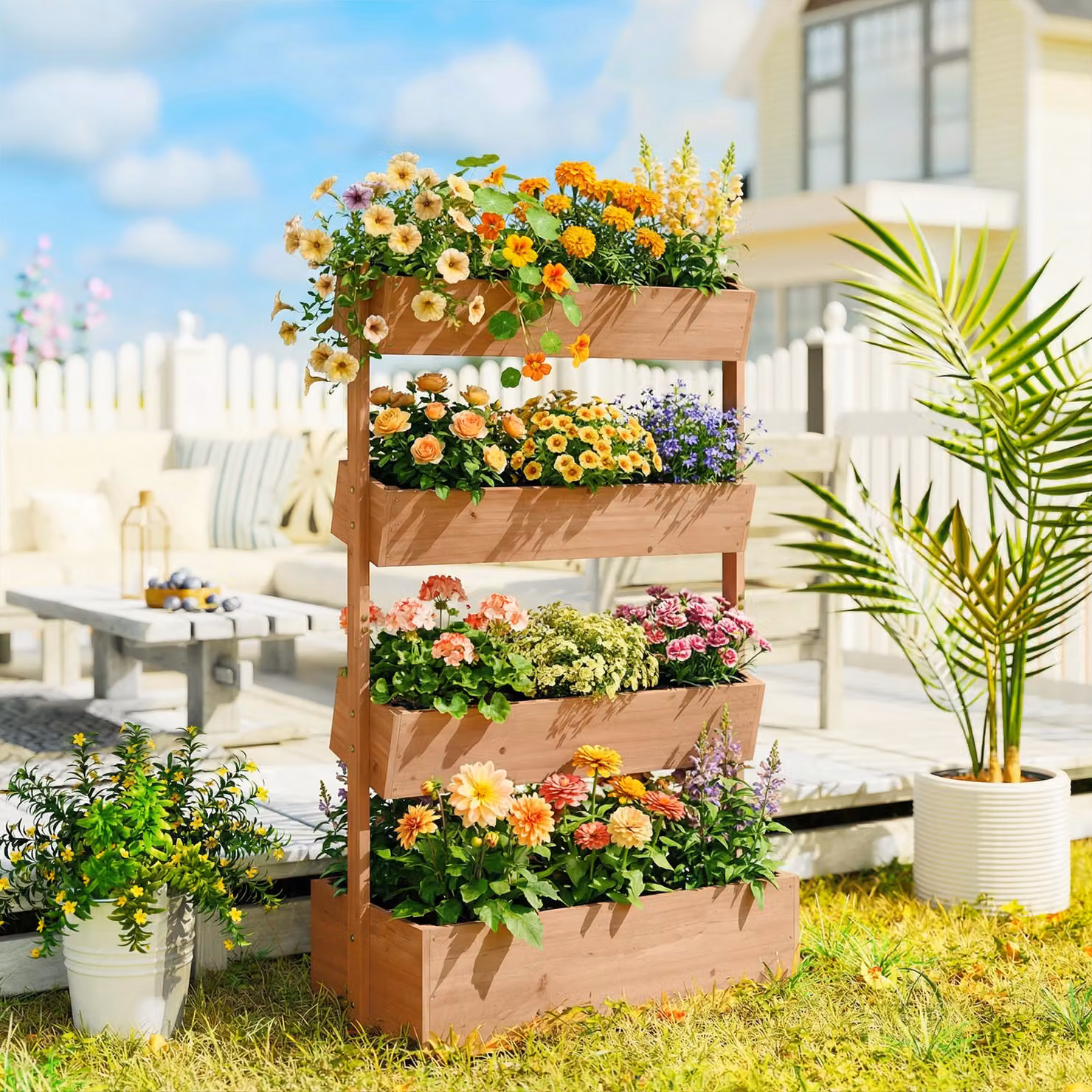 Letto da giardino rialzato Outsunny in legno marrone con fioriera verticale, sistema di drenaggio e rivestimento per orto o erbe aromatiche – 2