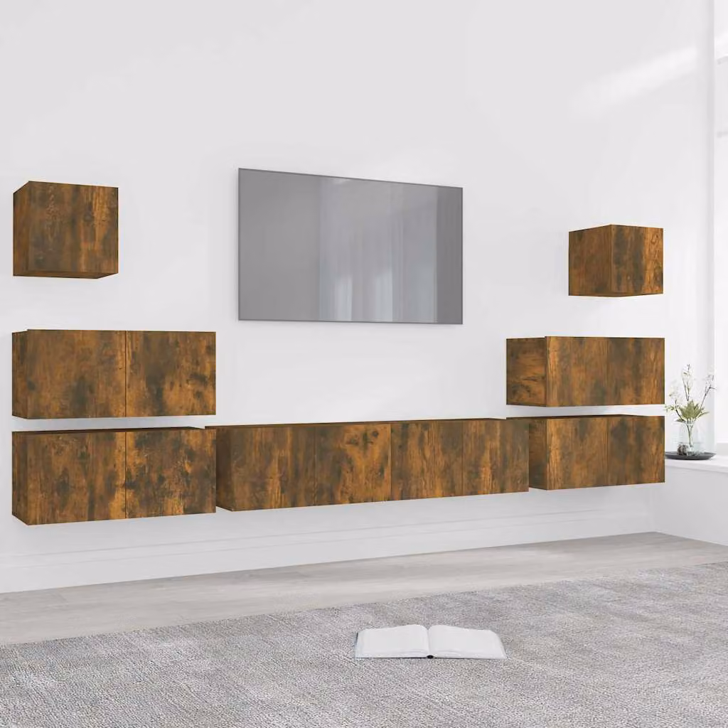Set Mobili Porta TV vidaXL 8 Pezzi in Legno Multistrato e MDF Rovere Fumo Marrone Opaco