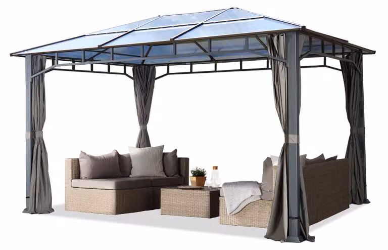 TOOLPORT Gazebo da Giardino 3x4 m Telaio in Alluminio Tetto in Policarbonato da ca. 8 mm 4 Teli Laterali Color Grigio