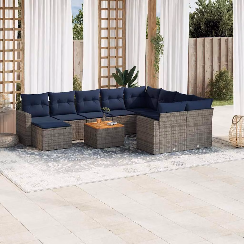 Set di divani da giardino vidaXL in polyrattan grigio con 11 pezzi, componibile a forma di L con cuscini e tavolino da esterno
