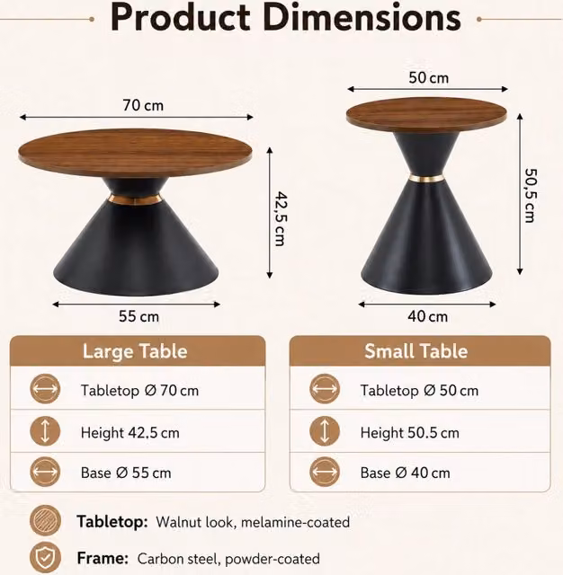 Set di 2 tavolini da salotto rotondi WISHDOR in legno e metallo, design moderno nei colori marrone, nero e oro
