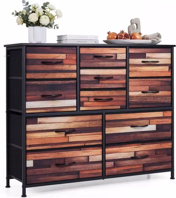 Cassettiera in legno e metallo con 11 cassetti pieghevoli per camera da letto, salotto o ingresso, stile industrial, colore nero opaco, L 100 cm x P 30 cm x H 82 cm
