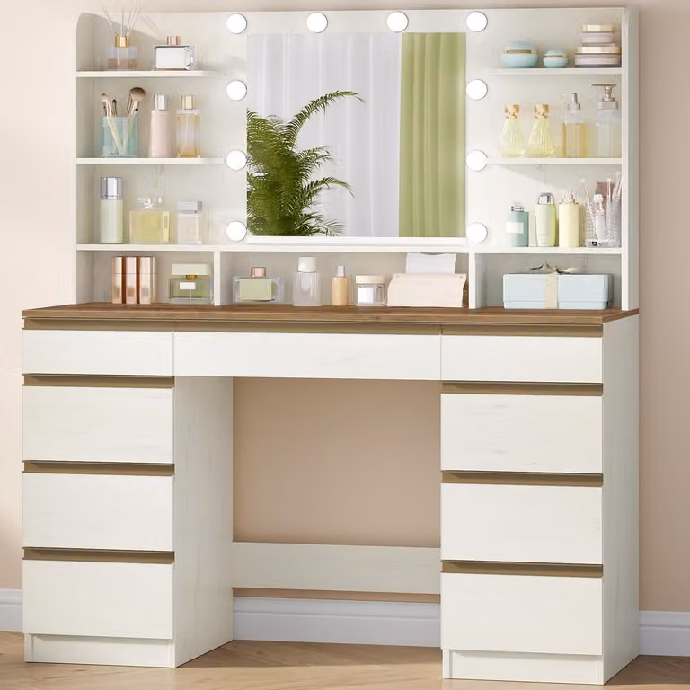 Comò da trucco con illuminazione a LED, 3 tonalità di luce, intensità regolabile, specchio, 9 cassetti, 9 ripiani, colore bianco e marrone