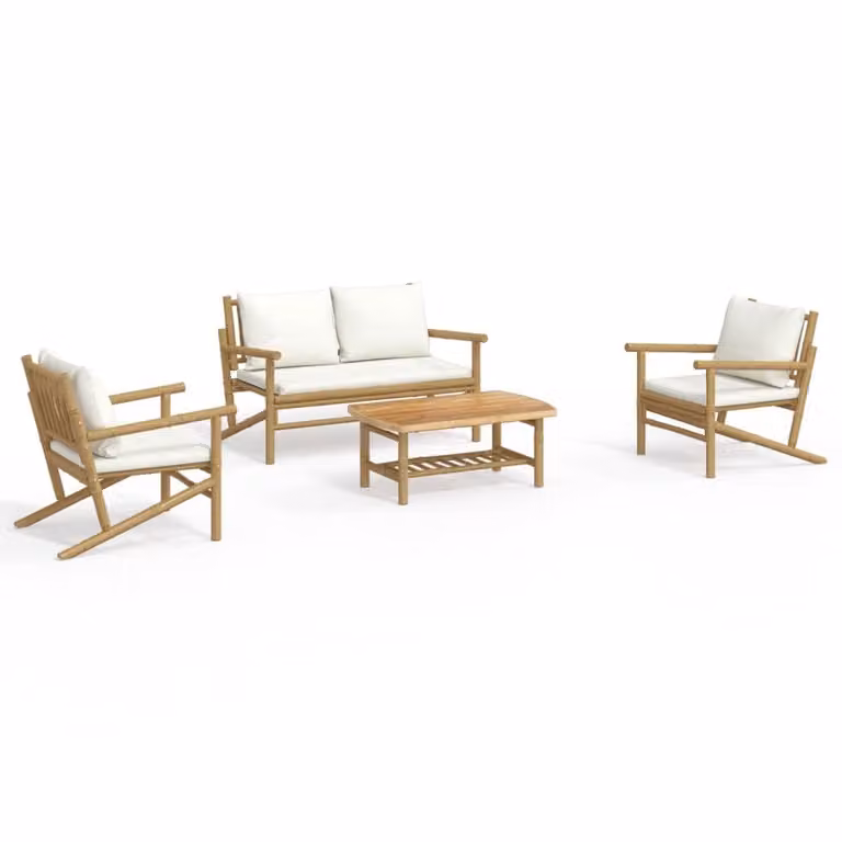 Set Salotto da Giardino 4pz con Cuscini Bianco Crema in Bambù