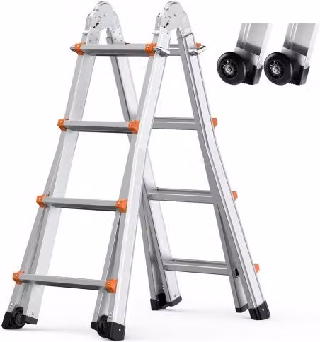 VEVOR Scala Telescopica con Telaio ad A in Alluminio Argentato, Scala Estensibile Compatta da 4,67 m per Interni ed Esterni, Portatile e Multifunzione, Capacità Massima 149,7 kg