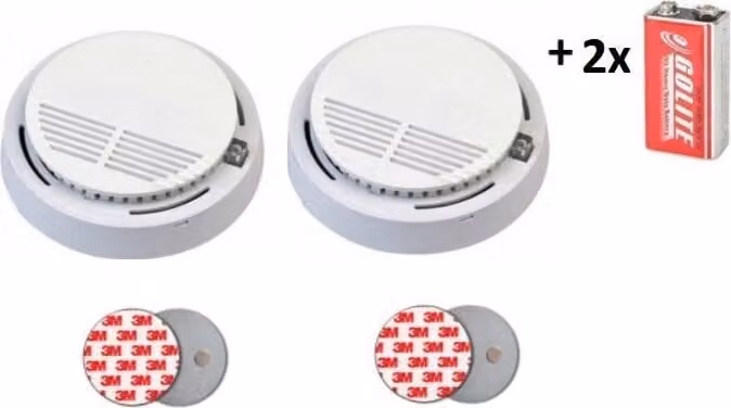 2x Rivelatore d'incendio e di fumo VIP-909 EN14604 con batteria da 9V in omaggio + 2x Supporto magnetico autoadesivo per rivelatori