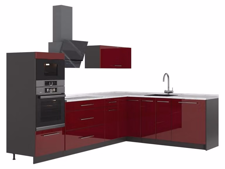 Cucina angolare completa Vicco Fame-Line Bordeaux lucido/Antracite 287 x 207 cm, PL Marmo, Model 63477