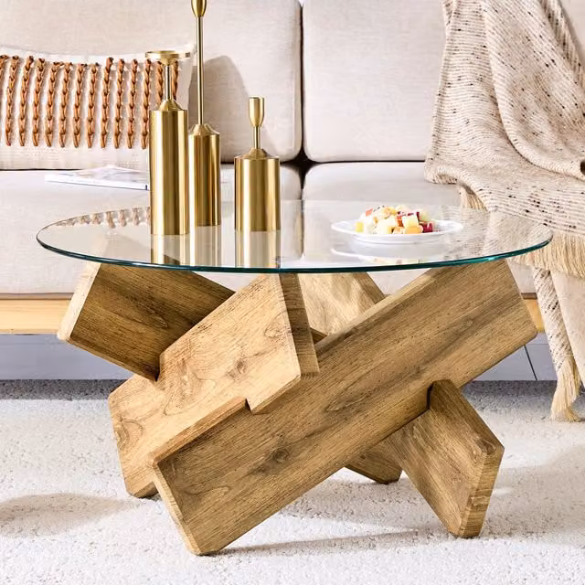 Tavolino basso fisso con piano in vetro e base a croce in MDF effetto legno diametro 79 cm altezza 45 cm