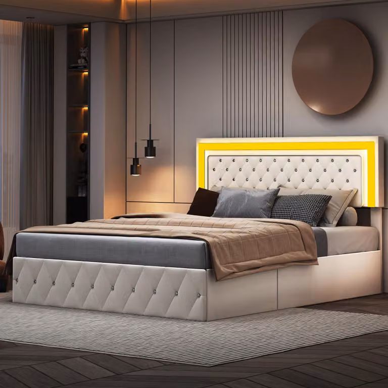letto in velluto 140 x 200 cm con contenitore, illuminazione a LED, rete a doghe e testiera regolabile - Beige