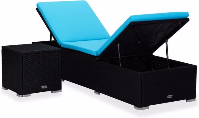 Lettino prendisole vidaXL con cuscino resistente alle intemperie e tavolino laterale in rattan blu e nero