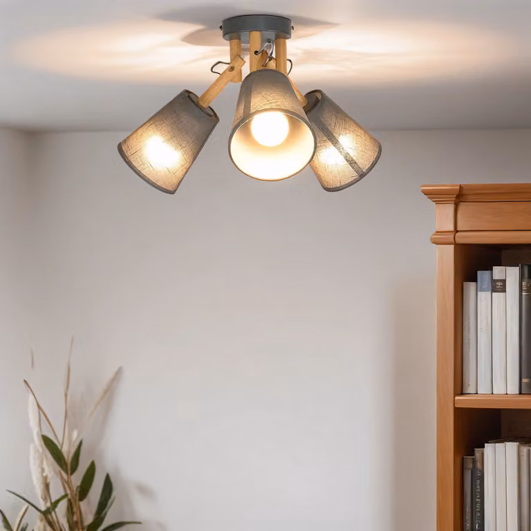 Lampada da soffitto moderna scandinava "Vaio" legno tessuto grigio E27 3 luci soggiorno camera da letto