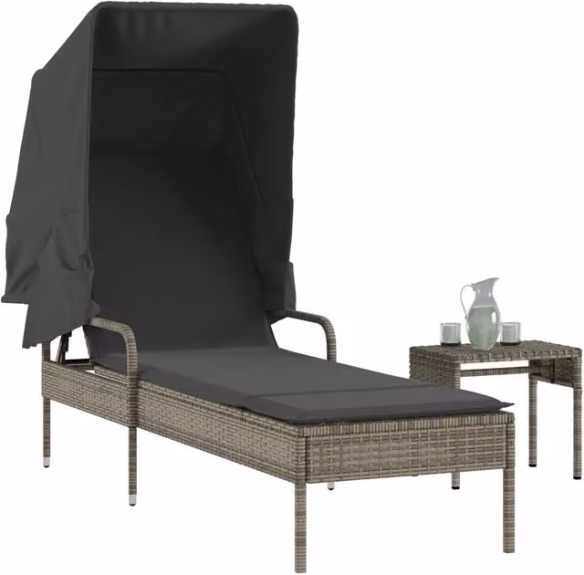 Lettino prendisole con baldacchino e tavolino vidaXL in polyrattan grigio