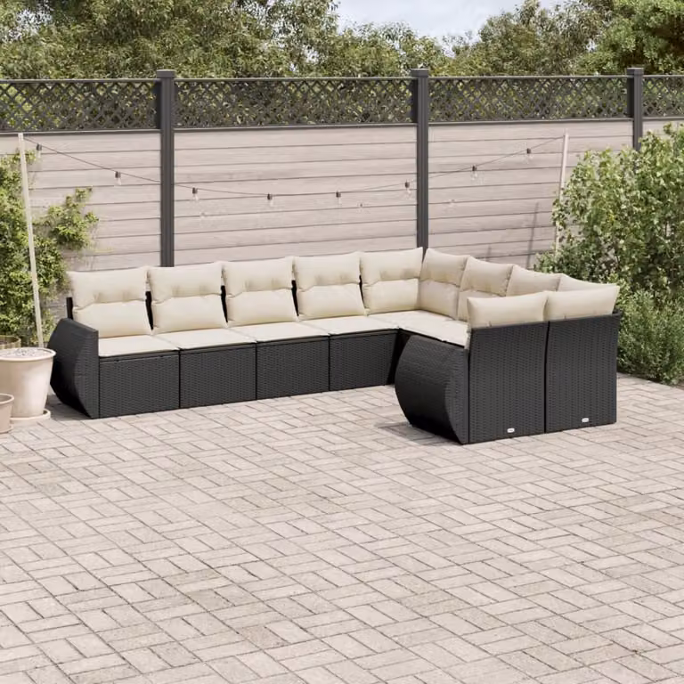 vidaXL Set Divani da Giardino 9 pz in Polyrattan Nero con Cuscini e Struttura in Metallo