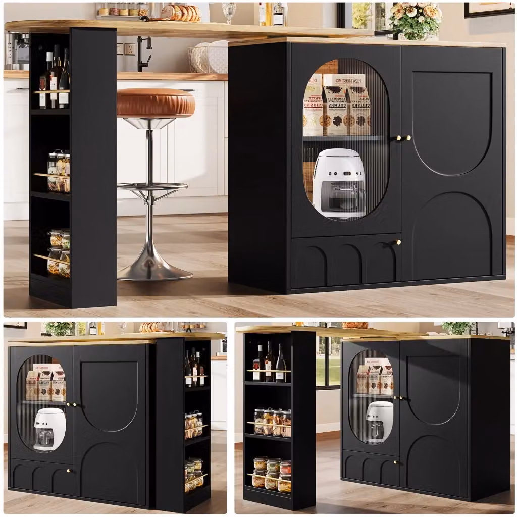 Isola cucina WISHDOR nera con piano girevole 360°, 3 ante in vetro e struttura in MDF e metallo, L: 138 cm, P: 60 cm, H: 105 cm – 2