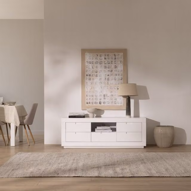 Mobile TV Sisal Banak in legno laccato bianco con design minimalista, Larghezza: 160 cm