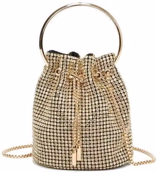 Borsa da sera lussuosa con maniglia rotonda in metallo e strass, colore oro chiaro