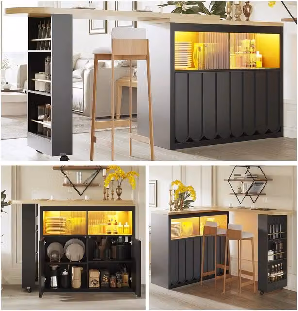 Tavolo bar allungabile con spazio contenitore ¨C Minimal ¨C nero, 135-205x39x100cm, effetto moderno, con LED