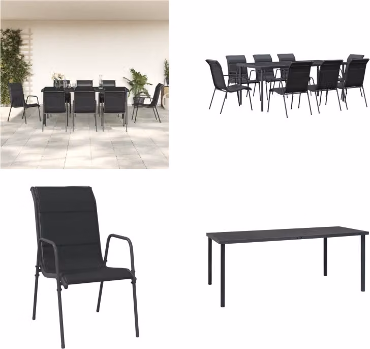 vidaXL Set da pranzo da giardino 9 pezzi in acciaio nero e textilene - set da pranzo da giardino - set di sedute da giardino - set di sedute da esterno - tavolo da giardino