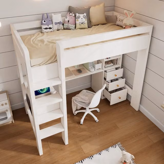 Letto a soppalco Mivray bianco con scrivania a L, ripiani, cassetti e ricarica USB, dimensioni L: 90 cm, P: 200 cm, H: 206 cm