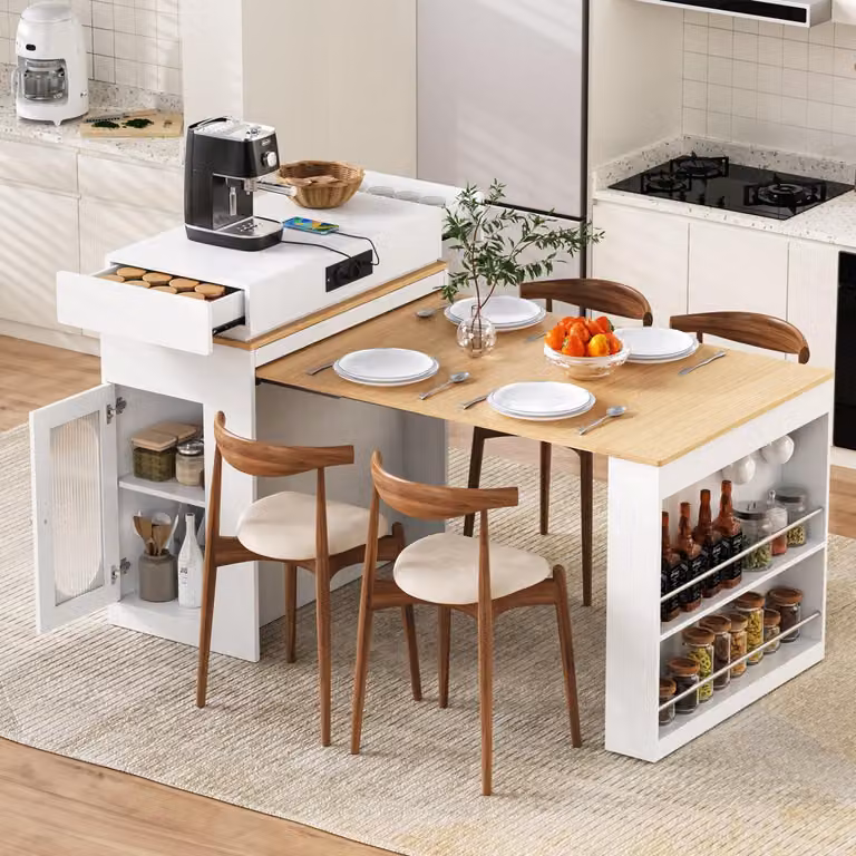 Isola da cucina con rotelle, tavolo da pranzo estensibile con piano pieghevole, bancone con prese elettriche e ganci, utilizzabile anche come mobile contenitore. Colore: bianco