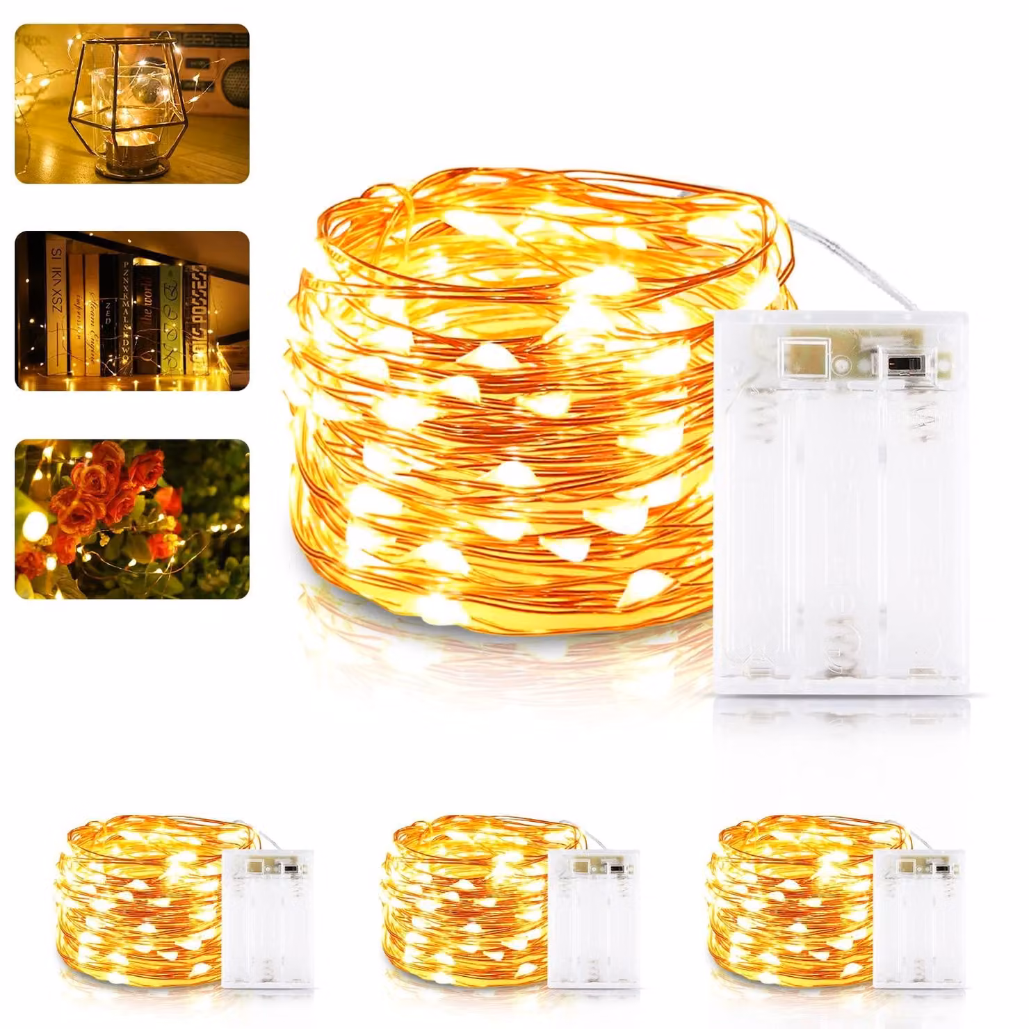 Catena luminosa a LED, confezione da 4 pezzi, lunghezza 6 metri, 60 LED, luce bianco caldo, alimentazione a batteria