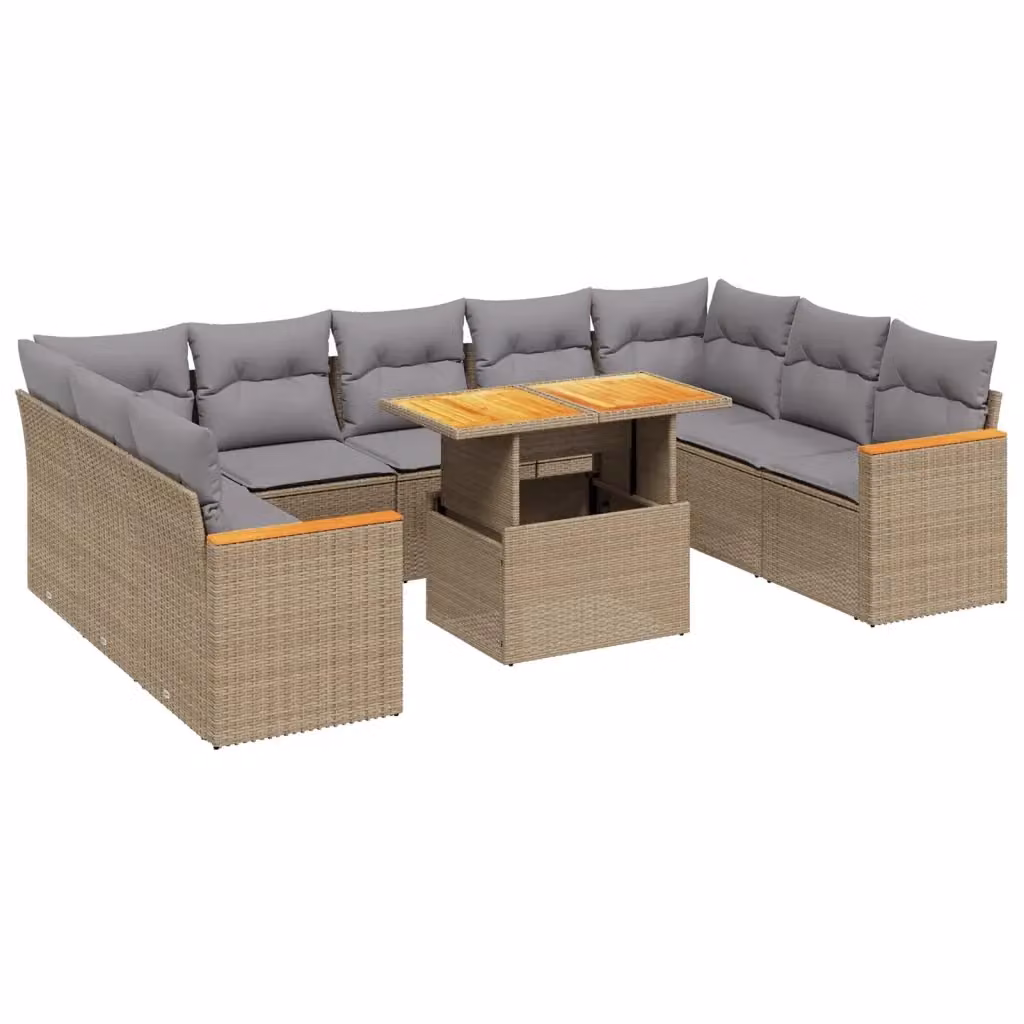 vidaXL Set Divano da Giardino 10 pz a forma di U in Polyrattan con Cuscini Beige e Tavolino da Esterno – 2