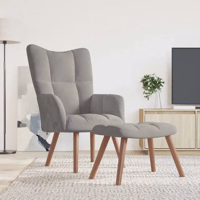 Poltrona Relax con Poggiapiedi in Velluto Grigio Chiaro con Braccioli e Design Moderno – 1