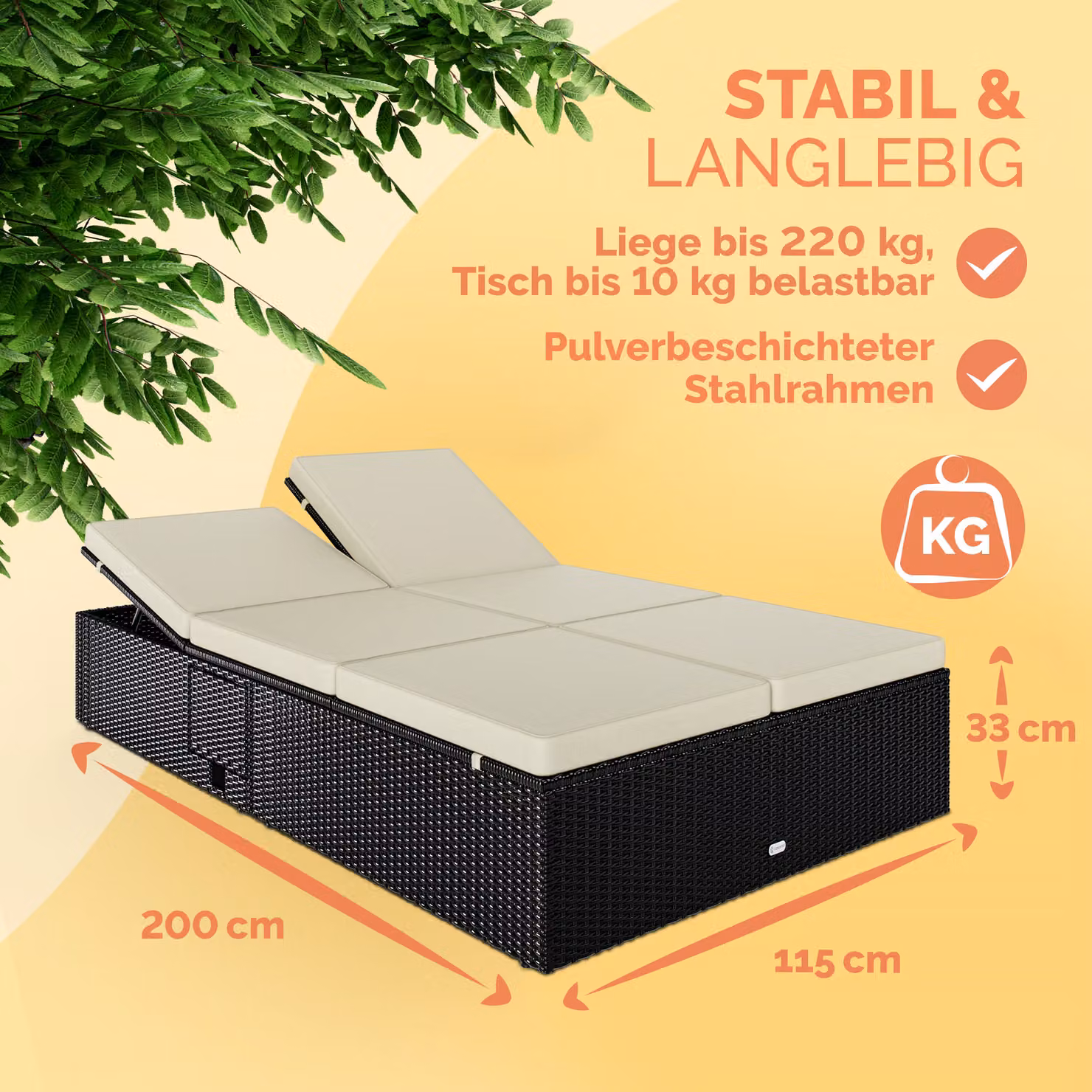 Lettino prendisole Casaria in polyrattan nero e beige con poggiatesta regolabile e vassoio laterale L/P/H: 220 x 115 x 33 cm – 2