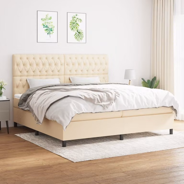 The Living Store Letto a molle con materasso crema 200x200 cm in tessuto