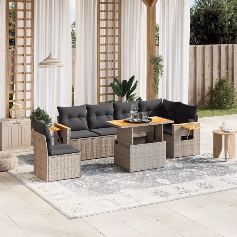 vidaXL Set Divani da Giardino 7 pz in Polyrattan Grigio con Cuscini e Tavolino da Caffè