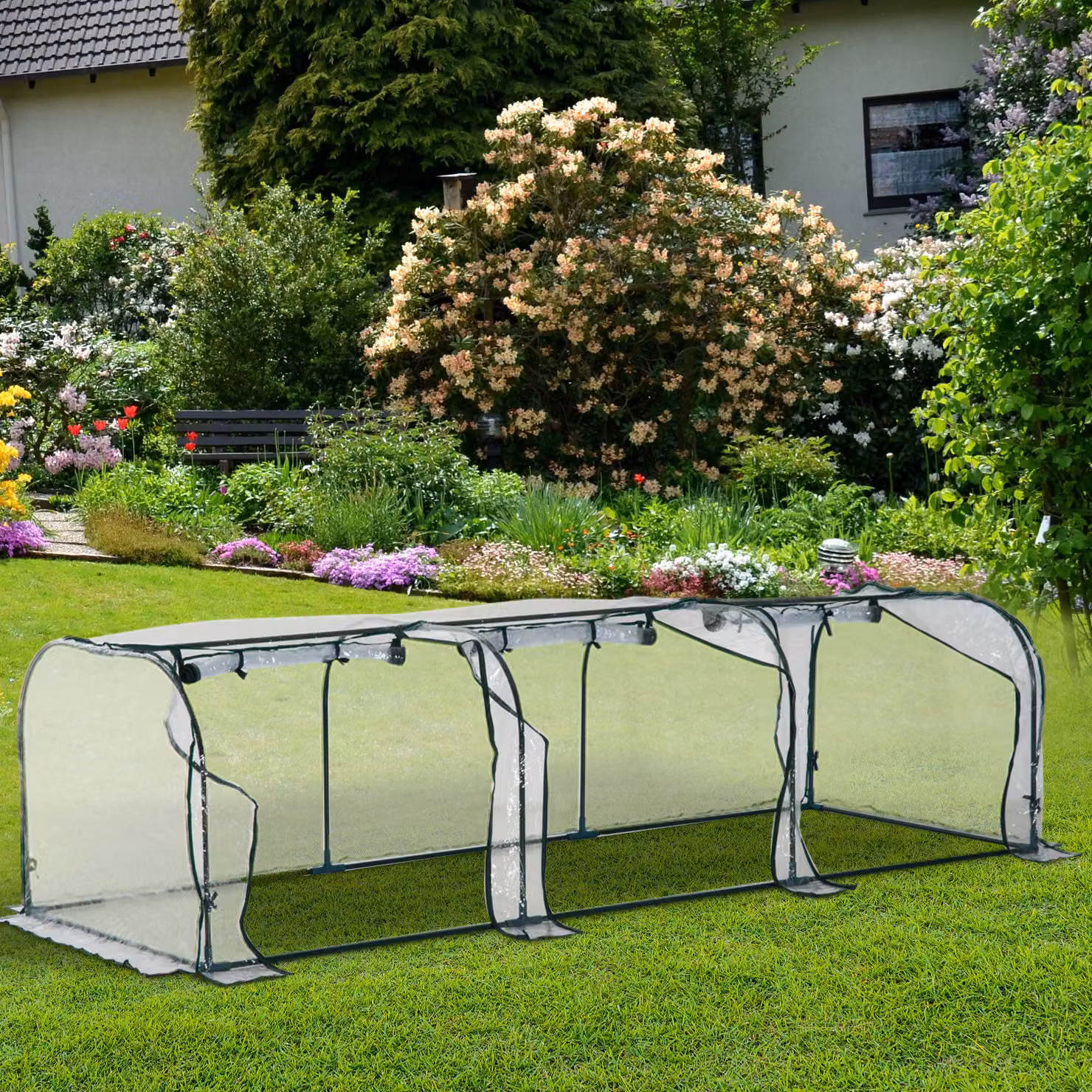 Serra a tunnel Outsunny in PVC trasparente con struttura in acciaio e 3 porte avvolgibili, L 350 x P 100 x H 80 cm – 2