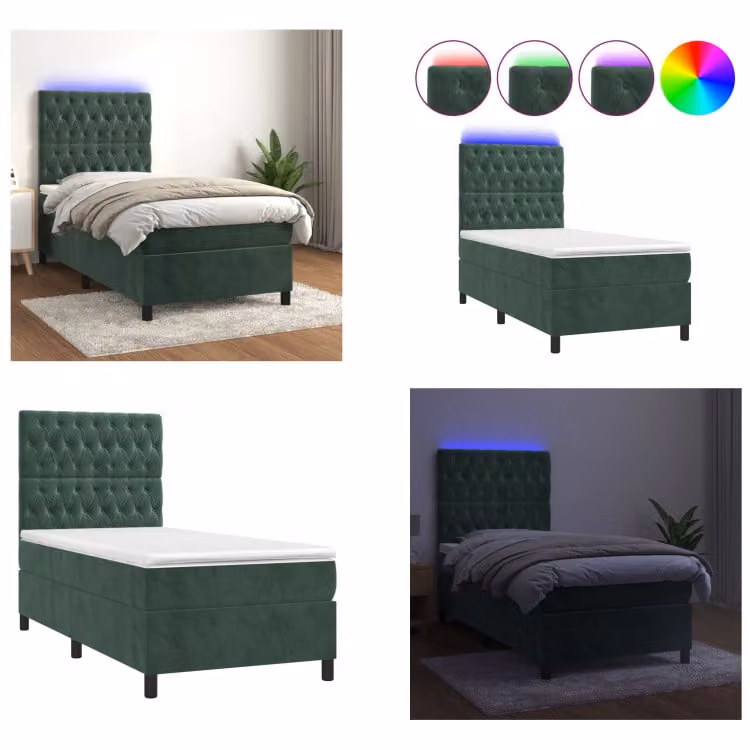 vidaXL Letto a molle con materasso e LED in velluto verde scuro 100x200 cm - Letto a molle - Boxspringbetten - Bett - Schlafzimmermöbel