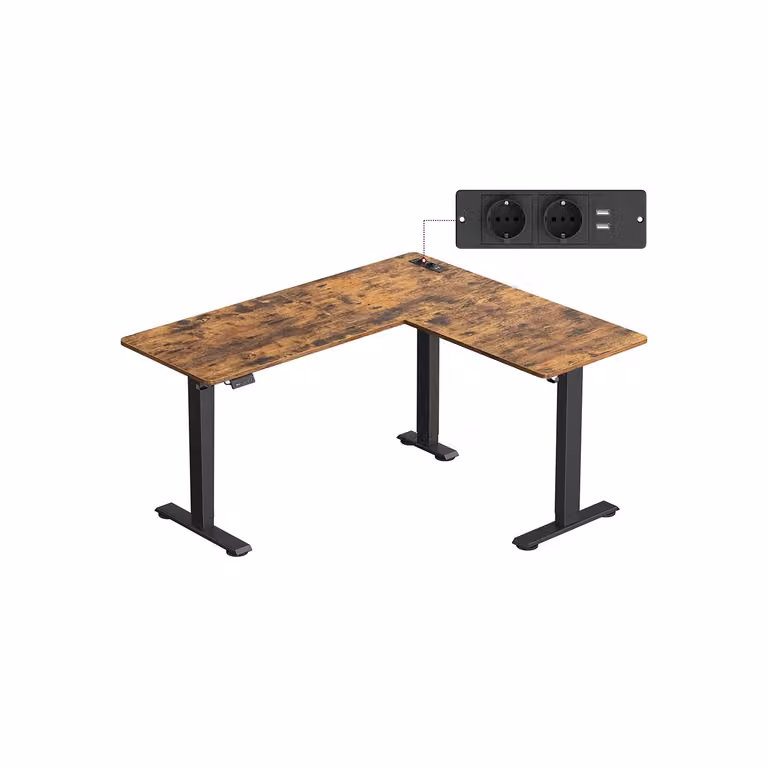 Scrivania angolare regolabile elettricamente, Marrone Vintage + Nero Inchiostro / 160 x 140 cm