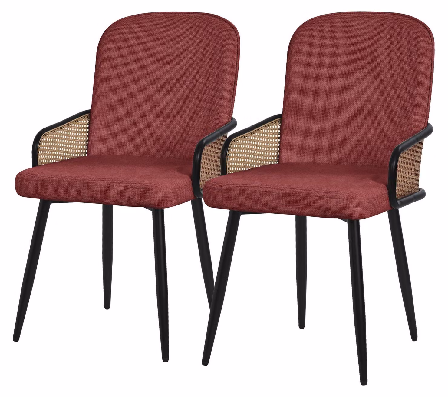 Set di 2 sedie da pranzo, colore rosso, rivestimento in tessuto, con braccioli, in rattan di polietilene (PE), gambe in metallo
