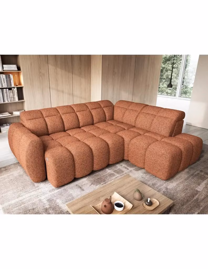 Divano ad angolo elettrico MEUBLORAMA RONDA 4 posti arancione melange con angolo destro e poggiatesta regolabile L 258 cm x P 107 cm x H 107 cm – 2