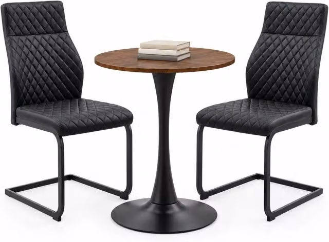 Set tavolo e sedie con tavolo rotondo e 2 sedie, in MDF, metallo e pelle sintetica nero e noce