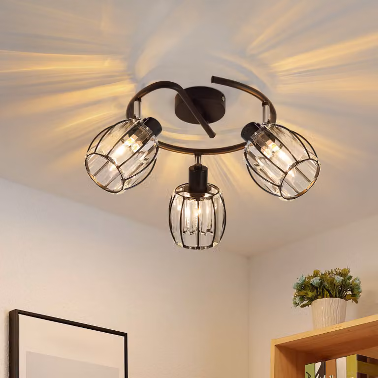 ZMH faretto da soffitto a 3 fiamme lampada da soffitto vintage spot da soffitto paralume in cristallo nero faretto rotondo retrò E14 nero 350° lampada da cucina orientabile per soggiorno corridoio (senza lampadina)