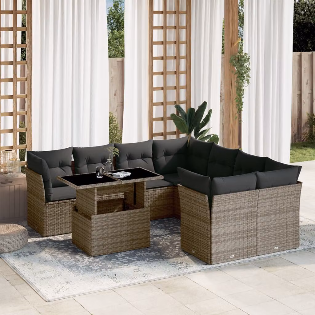 vidaXL Set Divano da Giardino 9 pz a Forma a L con Tavolino in Vetro e Cuscini Grigio – 1