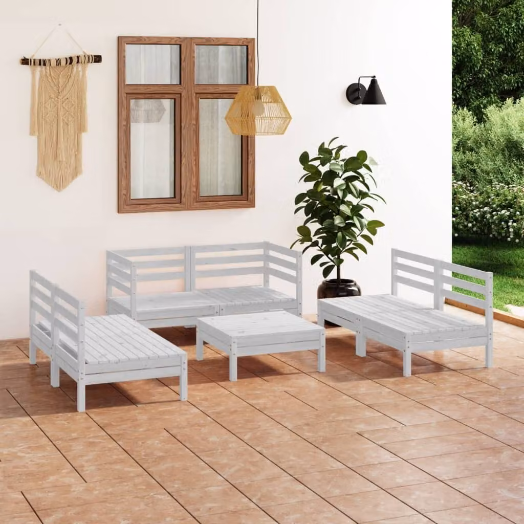 The Living Store Set da salotto da giardino 7 pezzi in legno di pino massiccio bianco