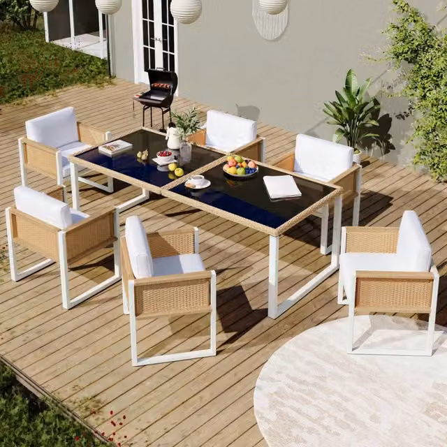 Set tavolo e sedie da pranzo da giardino per 6 persone con vetro temperato; marrone e bianco