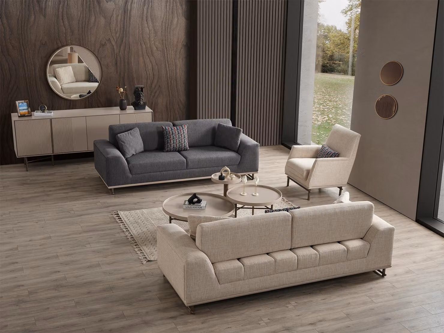 Elegante Beige Wohnzimmer Couchgarnitur Holz Konsole Couchtische