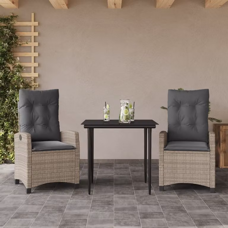 Set Pranzo da Giardino vidaXL in Polyrattan con Piano in Vetro e Cuscini, 3 Pezzi, Grigio Antracite