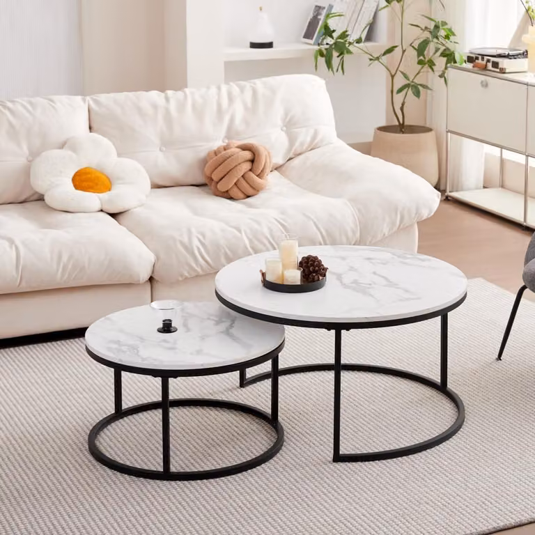 Set di tavolini da caffè rotondi, impilabili, effetto marmo, bianco e nero, dimensioni 80x45 cm e 60x35 cm