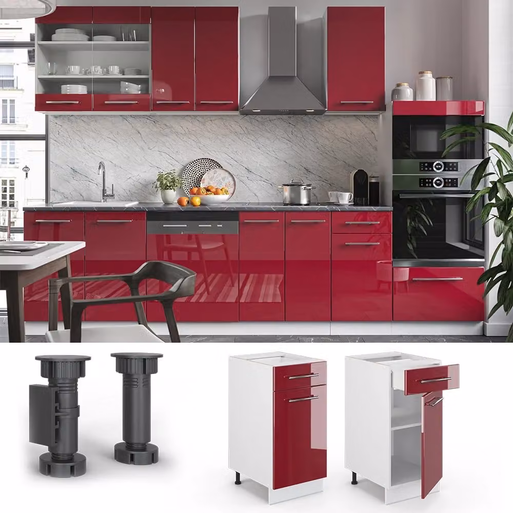 Mobiletto base per cucina Vicco Fame-Line bordeaux lucido e bianco con ante a battente e ripiani interni L: 40 cm, H: 82 cm, P: 51,6 cm – 2