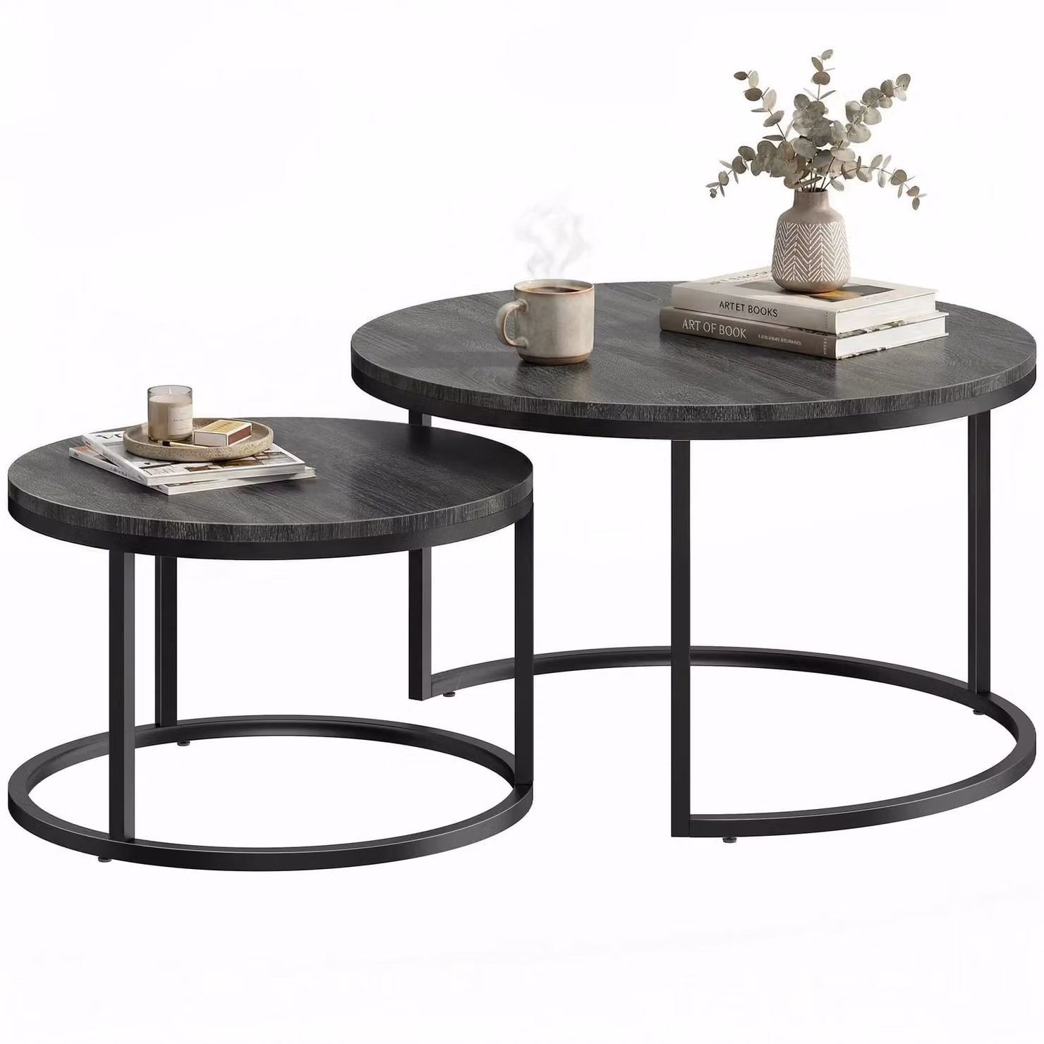 Tavolini da divano - Set di 2 tavolini rotondi - Metallo - Grande: 78,5 x 78,5 x 46,5 cm - Piccolo: 59 x 59 x 36,5 cm - Neri - Stile moderno