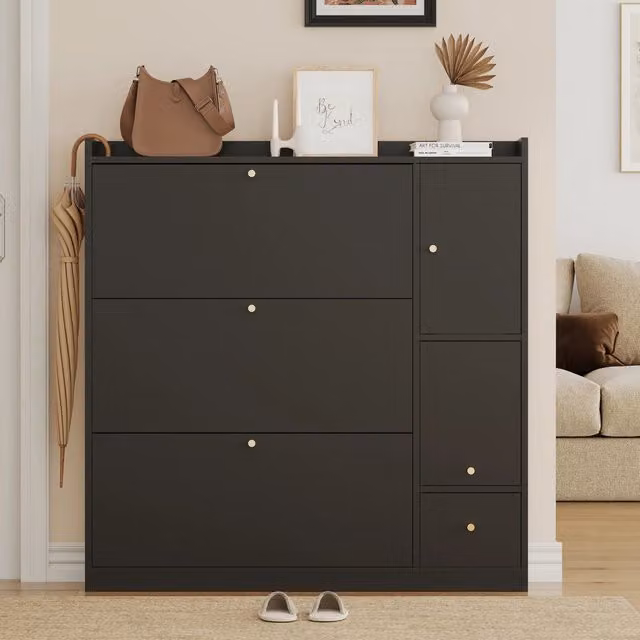 Scarpiera OKWISH nera con 3 ante a ribalta, cassetto e seduta pieghevole per ingresso, L: 119 cm, P: 24 cm, H: 122 cm