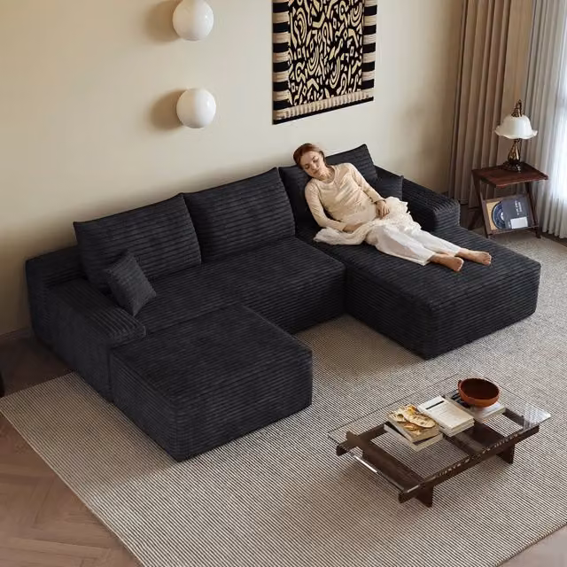 Divano ad angolo, design modulare, velluto a coste, panca a destra, pronto all’uso, imballato sottovuoto, nero