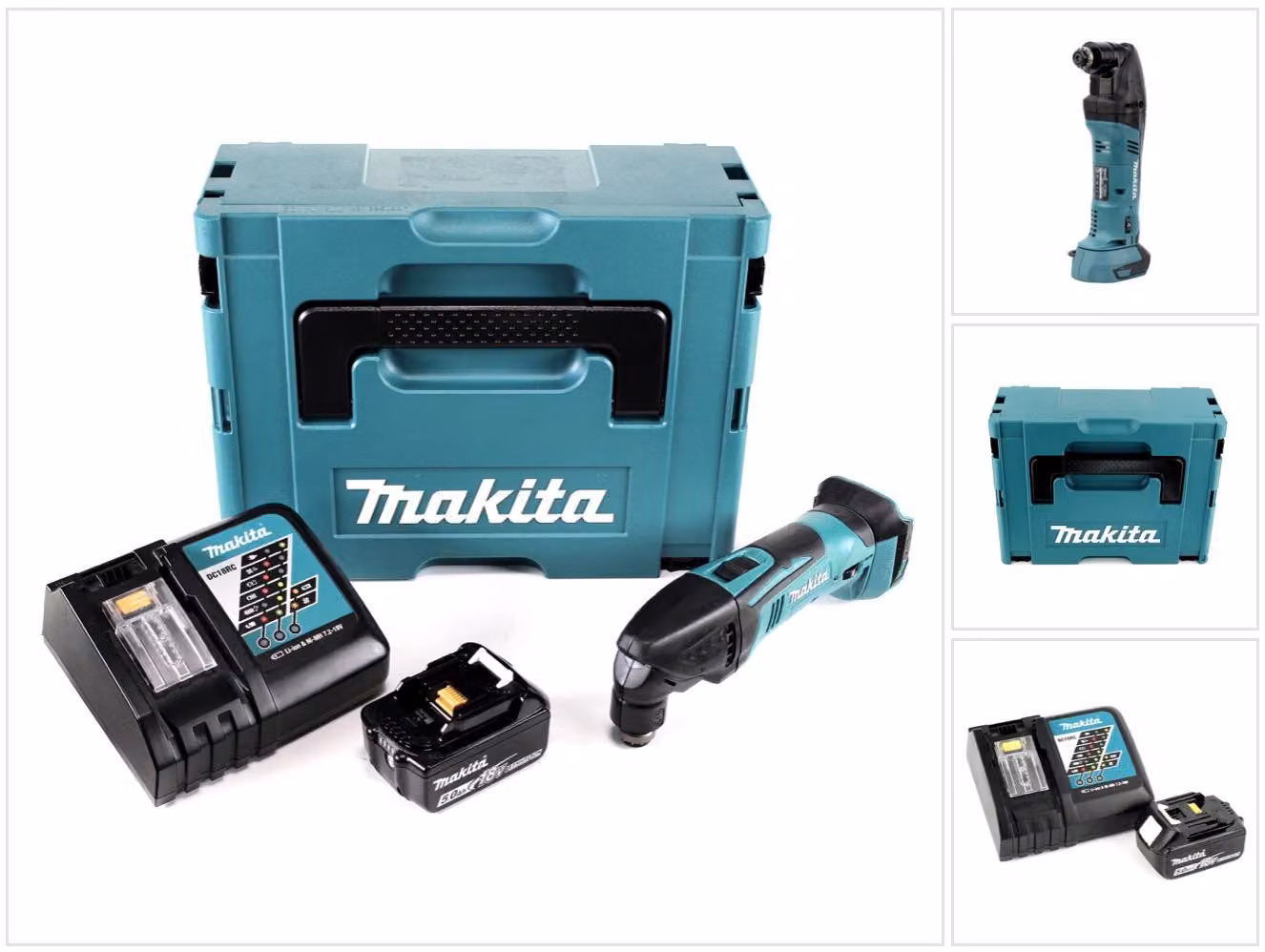 Utensile multifunzione a batteria Makita DTM 50 RT1J 18V Li-Ion in Makpac + 1x batteria BL 1850 B 5,0 Ah + 1x caricatore DC18RC